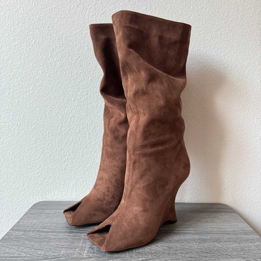 Jeffrey Campbell Kati Knee High Open Toe Wedge Boots Womens 7.5 Brown Suede